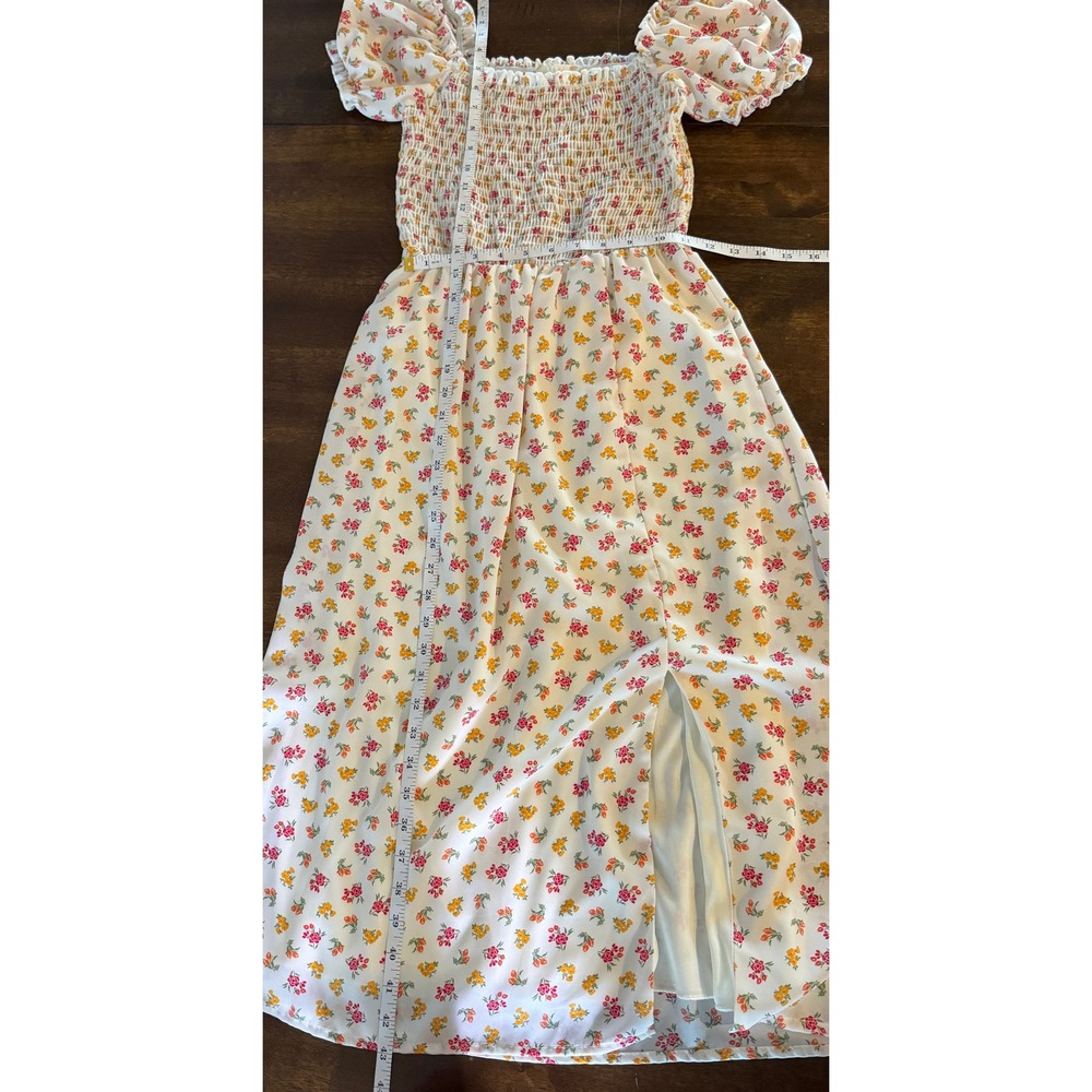 Altar'd State Floral Smocked Midi Dress Cream Red Orange Puff Sleeve Medium - Picture 5 of 5